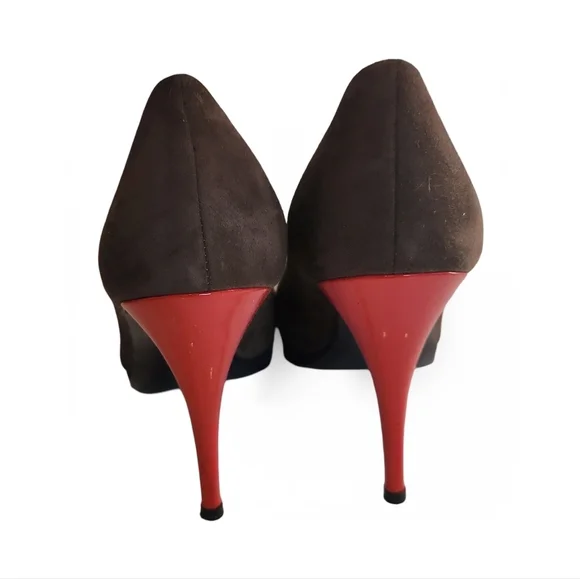 Elegant Brown And Navy Suede Pumps with Red Heel - Picture 3 of 5